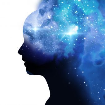 silhouette of virtual human with aura chakras on space nebula , represent meditation,yoga 
and deep sleep therapy.