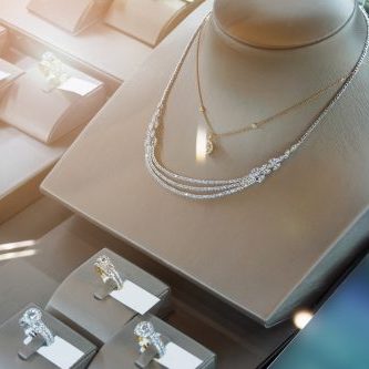 jewelry diamond shop with rings and necklaces luxury retail store window display